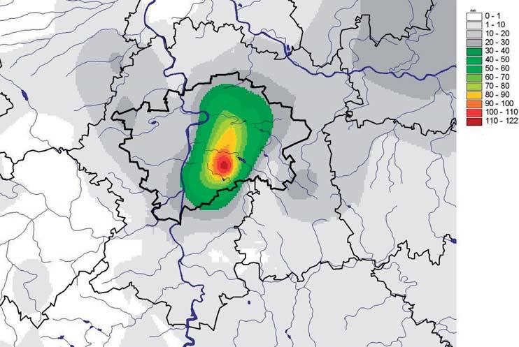 Obr. 1 Úhrn srážek od 19. srpna 2007, 8 h SELČ do 20. srpna 2007, 8 h SELČ. Do analýzy jsou zahrnuty údaje ze všech meteorologických stanic měřicích pouze v síti ČHMÚ.