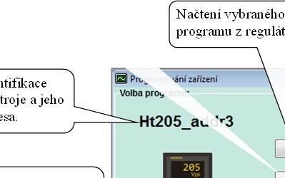 Volba programu pro čtení / zápis do regulátoru. Start zvoleného programu, ukončení spuštěného programu.