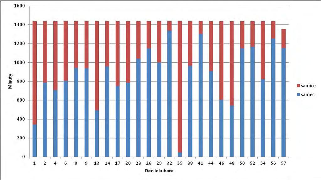 Graf č. 1: Porovnání délky sezení na vejci mezi samcem a samicí ve vybraných dnech samice samec vybraných dnech inkubace (1., 2., 4., 6., 8., 9., 13., 14., 17., 20., 23., 26., 29., 32., 35., 38., 41.