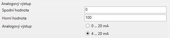 Analogový výstup V okně nastavujeme: Spodní hodnotu - odpovídající spodní hodnotě výstupu (=4mA) Horní hodnotu - odpovídající horní hodnotě výstupu (1=2mA) Analogový výstup- aktuálně vybraný výstup