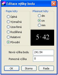 2.6 EDITACE VÝŠKOVÉ KÓTY Funkce zobrazí, po vybrání výškové kóty, dialogový panel, pomocí kterého může uživatel změnit u kóty následující vlastnosti: druh zobrazení na: (úplné, relativní, význačné,