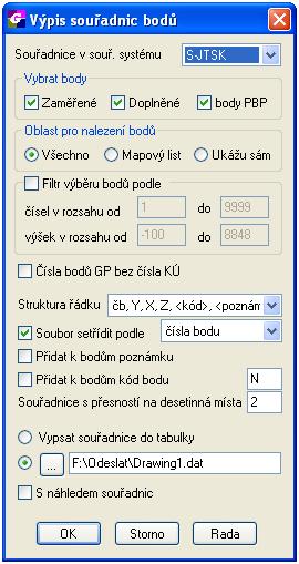 2.19 VÝPIS BODŮ DO SOUBORU Tato funkce vypíše souřadnice vybraných bodů z výkresu do souboru určeného uživatelem. Funkce vypisuje body podle několika kritérií. Prvním je druh bodu.