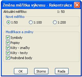 4.26 ZMĚNA MĚŘÍTKA Funkce provádí globální změnu měřítka výkresu. Uživatel může měnit měřítko u těchto objektů: Symboly- kótovací šipky, symboly řezu, severka, rozpiska Popisy- popisy podlah atd.