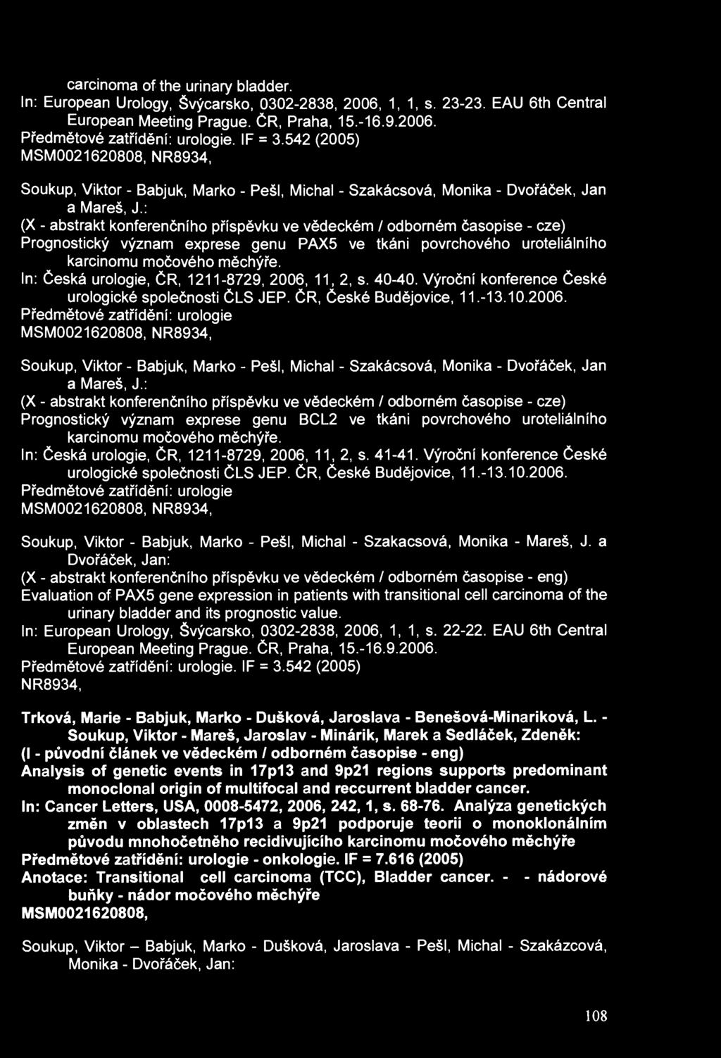 carcinoma of the urinary bladder. In: European Urology, Švýcarsko, 0302-2838, 2006, 1, 1, s. 23-23. EAU 6th Central European Meeting Prague. ČR, Praha, 15.-16.9.2006. Předmětové zatřídění: urologie.