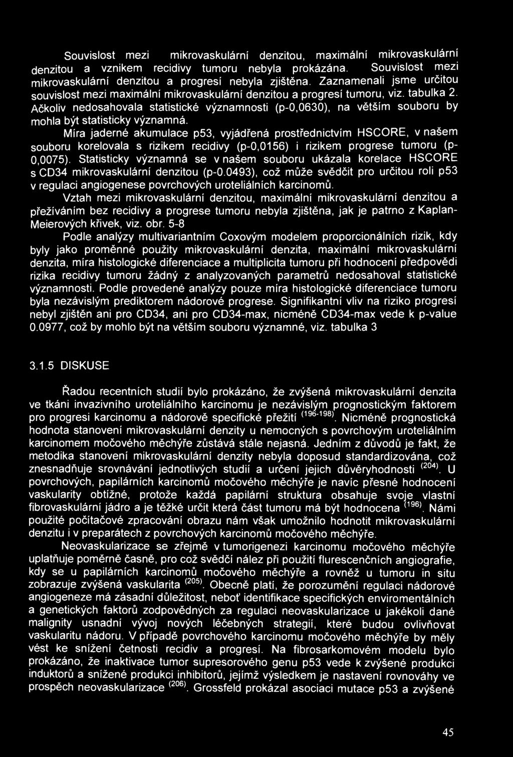 Souvislost mezi mikrovaskulární denzitou, maximální mikrovaskulární denzitou a vznikem recidivy tumoru nebyla prokázána. Souvislost mezi mikrovaskulární denzitou a progresí nebyla zjištěna.