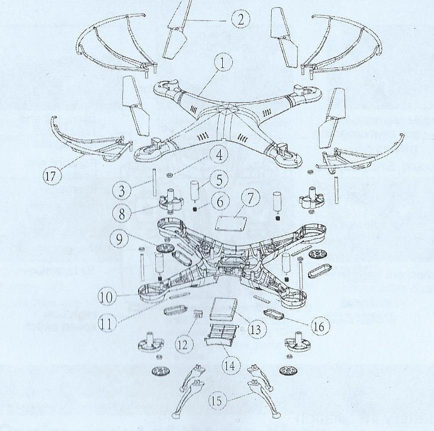 1. Vrchní část těla rc-modelu 2. Listy vrtulí 3. Hřídel 4.