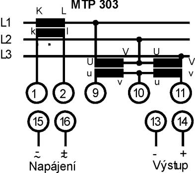 Typ: MTP 303 - převodník činného výkonu v třífázové třívodičové vyvážené síti Popis funkce: vstupní signály jsou galvanicky odděleny transformátory a zesíleny.