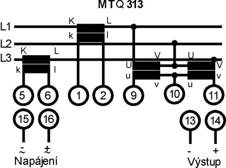 Typ: MTQ 313 - převodník jalového výkonu v třífázové třívodičové nevyvážené síti Popis funkce: Vstupní signály jsou galvanicky odděleny transformátory a zesíleny.