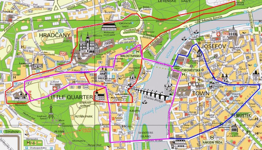 Prohlídka, která trvá 1,5 hodiny a je určena pro dva lidi Magical morning tour v 8:00 a Prague by night v 21:30, vede od kostela Pražského Jezulátka přes Národní divadlo, nábřeží podél Vltavy, Karlův