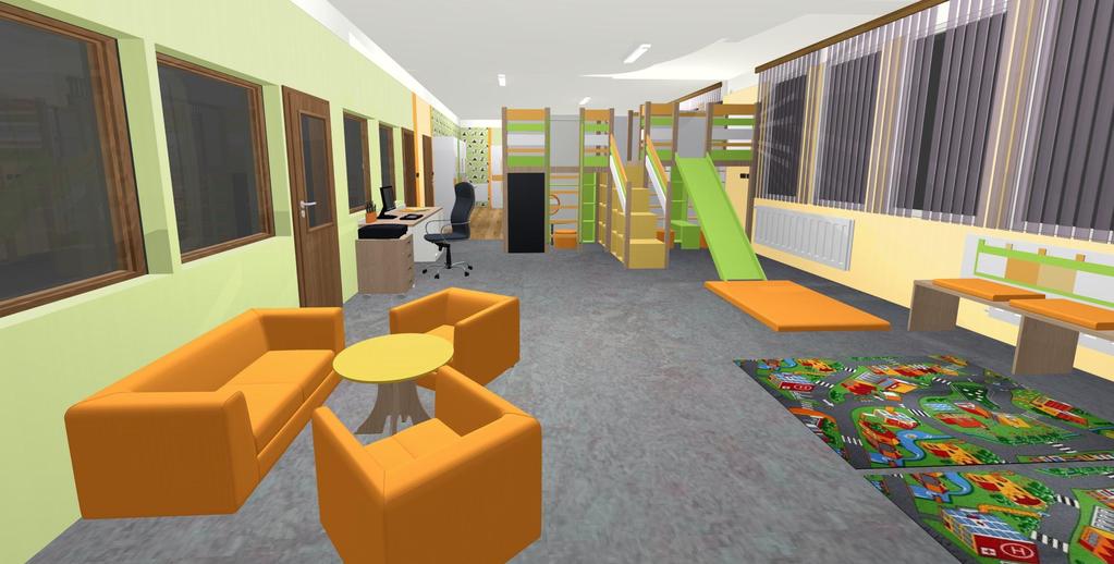 MŠ Revoluční - řešení herny Vizualizace Pohled - detail - na vyvýšené podium vyvýšené podium - pod podestou