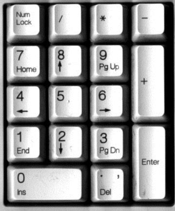 Numerické klávesy Num Lock (nam lok) - zapíná a vypíná numeriku kláves (zapnuto klávesy fungují jako číselník, vypnuto na klávesách funguje