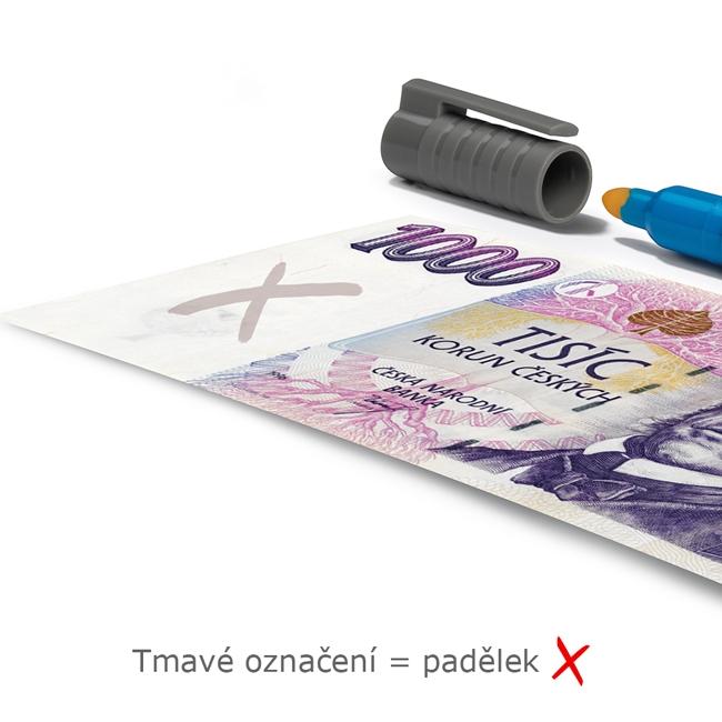 Na pravé bankovce značka perem zmizí na falešné zanechá stopu. Doporučujeme používat také jako doplňkovou kontrolu k UV nebo infračervené (IR) detekci.
