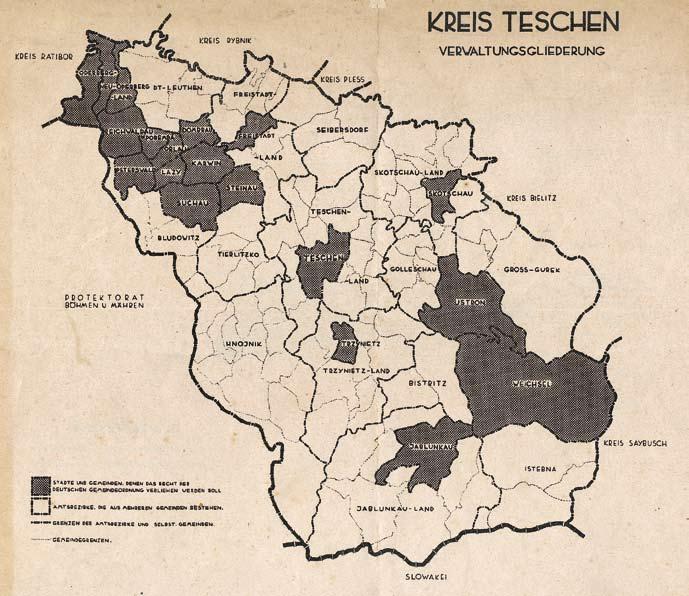 Německá okupace Těšínského Slezska Mapka okresu Těšín (Kreis Teschen) fungujícího v rámci Německé říše, 1939.