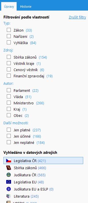 Panel filtrů - Úpravy Panel filtrů umožňuje zúžit množinu vyhovujících dokumentů dle stanovaných kritérií ve zvoleném datovém zdroji.