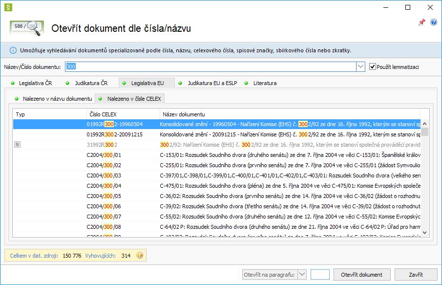 4.9 Vyhledávání podle Celexového čísla Dalším možným způsobem nalezení dokumentu v datové oblasti Legislativa Evropské unie a Judikatura EU a ESLP je vyhledávání podle Celexového čísla.