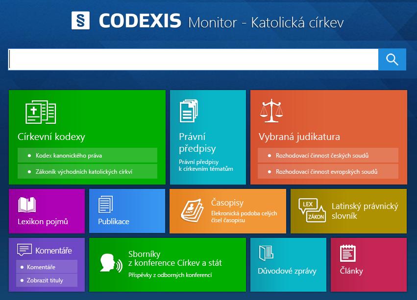 6.14 Monitor - Katolická církev Doplněk Monitor Katolická církev zpřístupňuje uživateli řadu filtrů napříč datovými zdroji, důležité Církevní kodexy, jako jsou Kodex kanonického práva či Zákoník