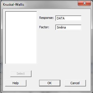 rozdělení. Může se proto přejít k řešení příkladu pomocí neparametrické metody, konkrétně Kruskal-Wallis test. Řešení: H 0 : Kvalita naplněných pytlů souvisí s tím, kdo je plní.