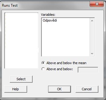Obrázek 36 Zadávací okno Runs testu v Minitab 16 Jak je možno vidět na obrázku 37, hodnota P-value je Runs testem stanovena na 0,669. Tato hodnota je větší, než zvolená hladina významnosti α = 0,05.