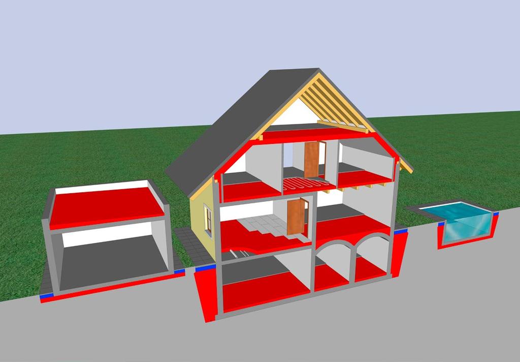 Izolace strmých střech thermotec -izolační zásypy jsou bezspárově pod tlakem nafoukány mezi střešní trámy. Výplň dutin za stěnami Tlakem vzduchu je izolační zásypthermotec vměstnán do dutin.