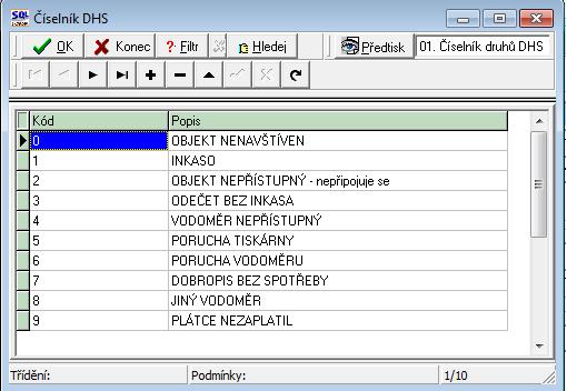 13) Číselník DHS Číselník opět slouží k jednoduché evidenci typů nestandardního zpracování odečtů při dávkovém sběru dat pomocí externích snímačů odečtů.