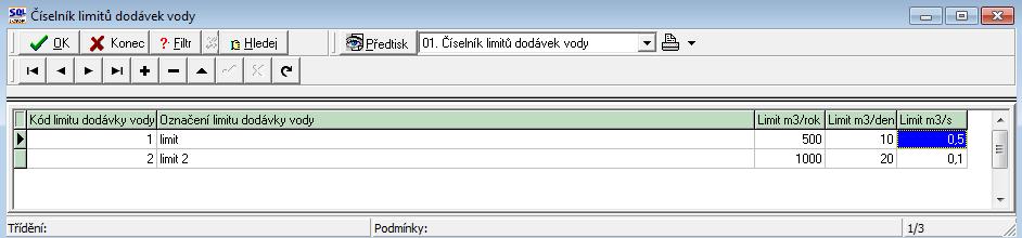 Výsledný kód se následně přenese do odečtů vodoměrů v systému vodné a stočné. 14) Limity dodávek vody Číselník limitů dodávek vody slouží ke statistickému členění v kartách odběrných míst.