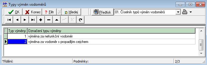 Číselník typů výměn vodoměrů slouží k přesné evidenci typů výměn vodoměrů v kartách pohybů vodoměrů. Podle kódu typu výměny systém automaticky doplňuje text do poznámky u výměny vodoměru.