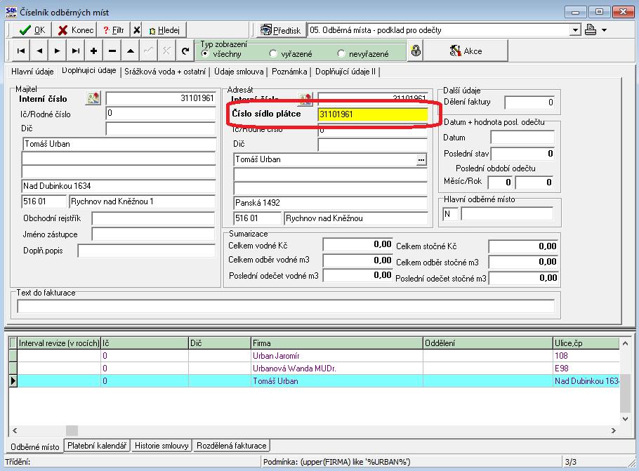 Obrázek: Odběrné místo doplnění interního čísla do čísla sídla plátce Nastavení služby SIPO pro úhradu záloh Pokud uživatel používá při výběru záloh na vodné a stočné službu SIPO, potom u každého