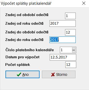 Číslo platebního kalendáře vkládáme číslo platebního kalendáře, pro který se bude provádět výpočet nových splátek vodného a stočného (program bude provádět výpočet nových splátek pro všechna odběrná