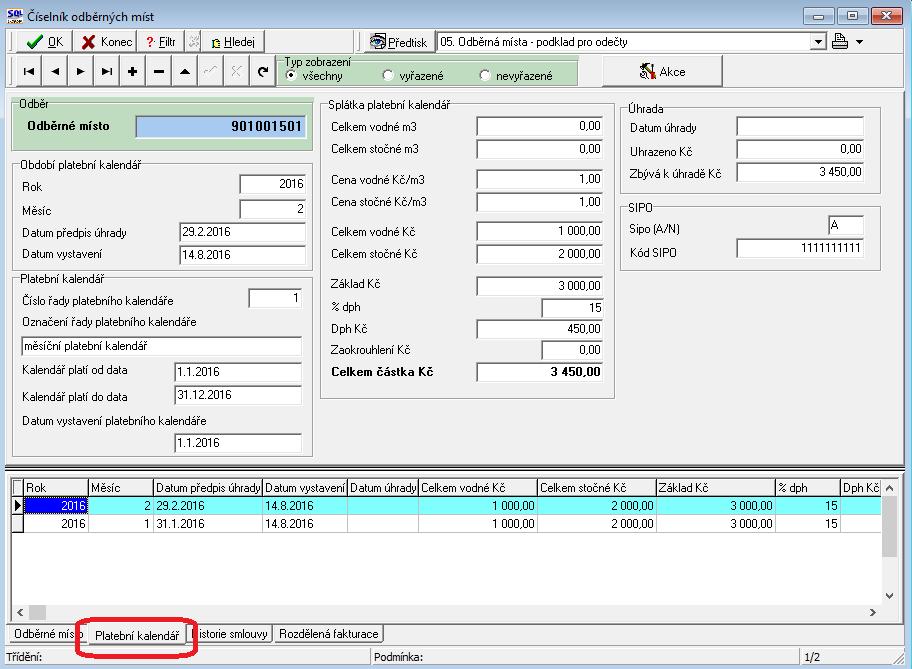 Obrázek: Odběrné místo vytvořené předpisy úhrad na zálohy vodné a stočné Po zadání období k jednotlivým zálohám si můžeme zkontrolovat a vytisknout jednotlivé platební kalendáře v nabídce Přehledy a