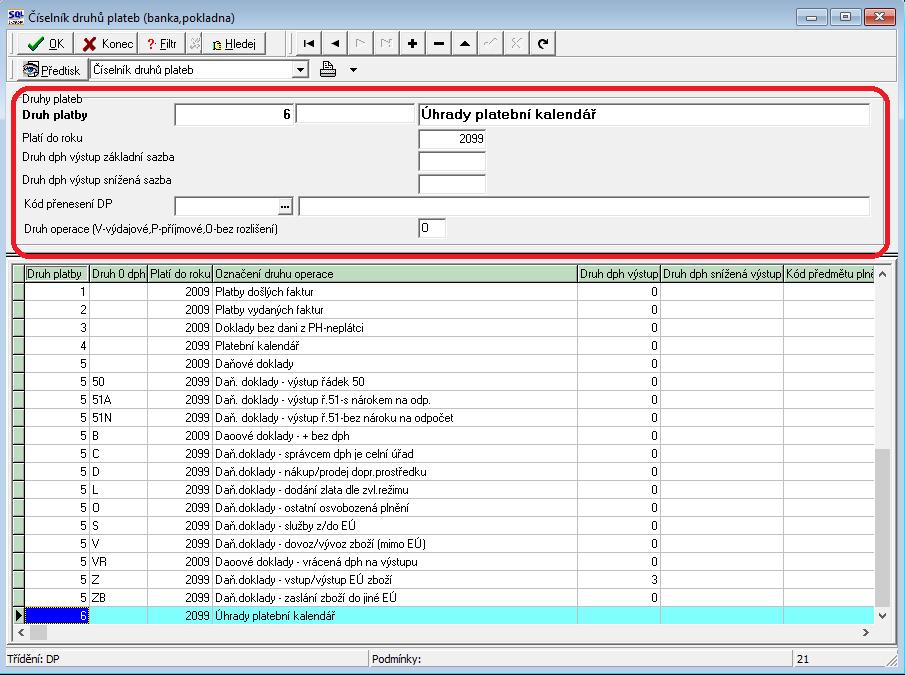 Vlastní způsob záznamu bankovního výpisu či pokladního dokladu je podrobně popsán v manuále SQL Ekonom, oddíl Banka nebo Pokladna. Každá úhrada musí mít v druhu operace nastaven číselný znak 6.