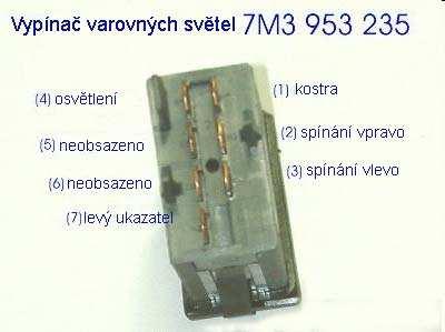 Obrázek 50: Vypínač varovných světel Propojíme kontakt 4 (šedo-zelená) a kontakt 1 (zelená) varovných světel s kontakty 1 a 2 na vypínači Bufíku). Kontakty 5 a 6 jsou spínací.