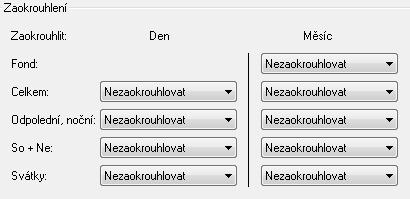 Na záložce Zaokrouhlení si můžete nastavit, jak se budou zaokrouhlovat součty za daný den resp. za celý měsíc. Program zaokrouhluje vždy směrem dolů na úkor zaměstnance.