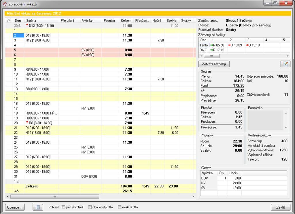 Program automaticky vypočítal odpracované hodiny (sloupec Celkem), příplatky Noční, So+Ne a Svátky a odečetl Přestávky dle nastavení.