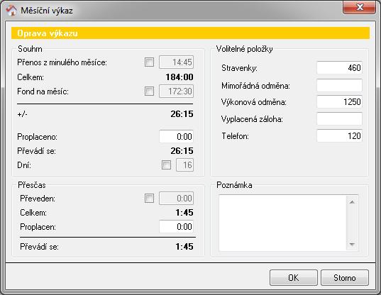 V pravé části okna jsou dále vypsány souhrnné informace za celý měsíční výkaz výpočet odpracovaných hodin a přenosů, příplatky a výjimky.