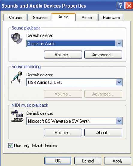 Nastavení PC (s Windows XP) pro práci s USB gramofonem 5. Dále zvolte záložku Audio.