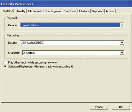 Nastavení PC pro použití s Audacity 1. Pomocí nabídky START spusťte program Audacity. 2. Zvolte Preference na záložce Edit v menu Audacity. 3. Zvolte záložku Audio I/O v levé horní části.