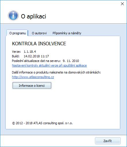 Po vybrání této možnosti v okně O aplikaci tlačítkem Nastavení kontroly aktuální verze při spuštění aplikace proběhne kontrola připojení a kontrola aktualizace programu.