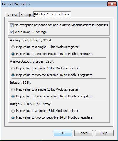 Možnosti Modbus komunikace Programovatelné automaty Productivity Adresace se provádí pomocí Tagové databáze, zde lze nastavit adresy pro jednotlivé proměnné (viz. Tagová databáze).