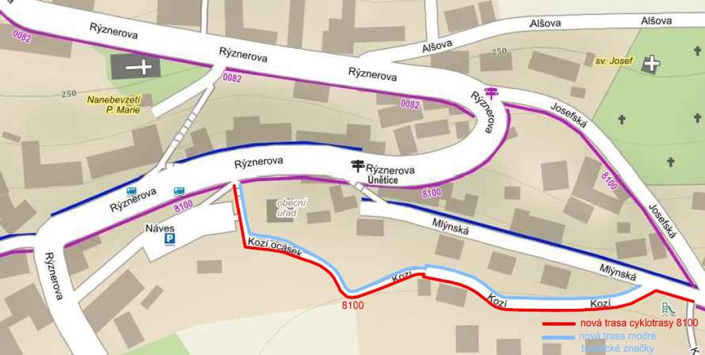 Obr. 32: Nové trasování cyklotrasy a turistické značky [5] Nový návrh zklidňujících opatření na průtahu obcí Únětice byl zpracován ve dvou variantách. Obě varianty jsou zpracovány v přílohách 1 a 2.