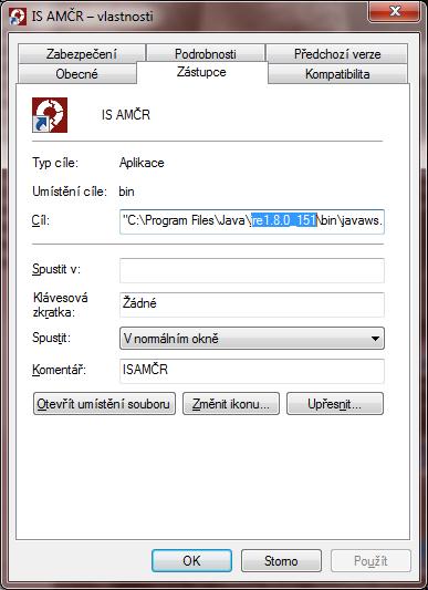 2) Klikněte pravým tlačítkem na ikonu AMČR na ploše a vyberte Vlastnosti 3) V řádku Cíl opravte údaj označený níže tak, aby s názvem složky zjištěným v bodě 1 (do jiných částí řetězce nezasahujte).