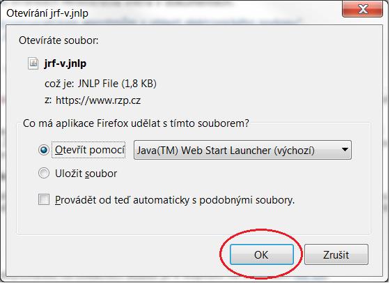 provede kliknutím na odkaz Instalace a aktualizace aplikace JRF přes Web Start umístěný na veřejném webu RŽP.