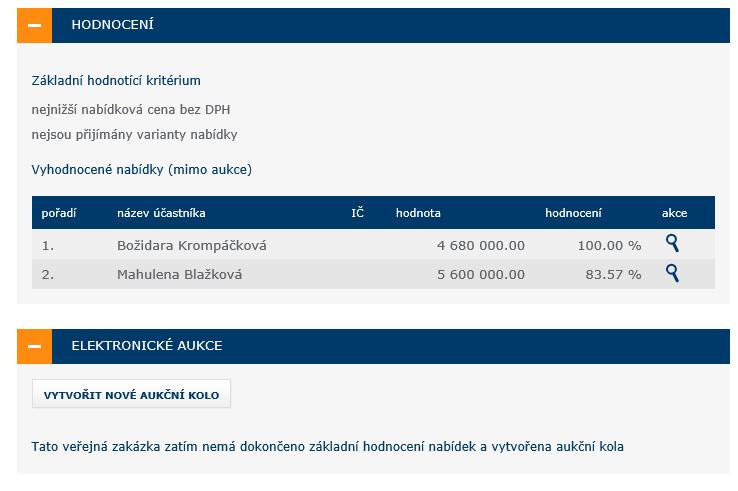 Obrázek č. 5 - Vytvoření nového aukčního kola Elektronické aukční kolo lze nastavit v případě, že při nastavování VZ v systému CENT zatrhnete pole pro hodnocení el.