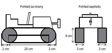 40) Pásový traktůrek na klíček se pohybuje pomocí dvou pásů. Každý pás je napnutý přes dvě shodná kola. Vnější plocha pásu je černá a vnitřní je bílá, tloušťka pásu se zanedbává.