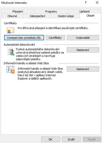 V případě Microsoft Internet Exploreru použijte v menu Nástroje Možnosti Internetu, v konfiguračním nástroji zvolte záložku Obsah a v sekci Certifikáty pak