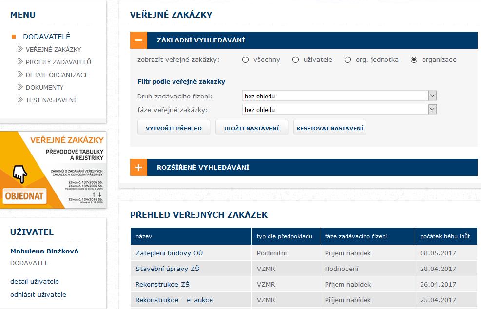 Obrázek č. 21 - Přehledy seznam VZ, k nimž je organizace přiřazena 15.