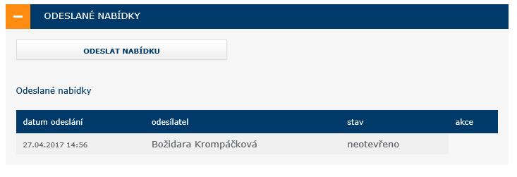 Po úspěšném podepsání a odeslání se odeslaná nabídka zobrazí na detailu VZ v bloku Odeslané elektronické nabídky / žádosti o účast.