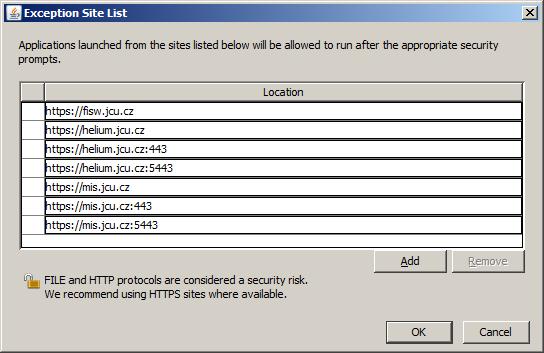 sites ( obvykle v c:\users\%username%\appdata\locallow\sun\java\deployment\security\) nakopírujeme výše uvedené URL adresy a uložíme.