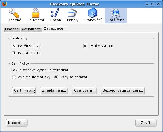 Obrázek 8: Správa certifikátů v prohlížeči Firefox (verze 1.5.0.