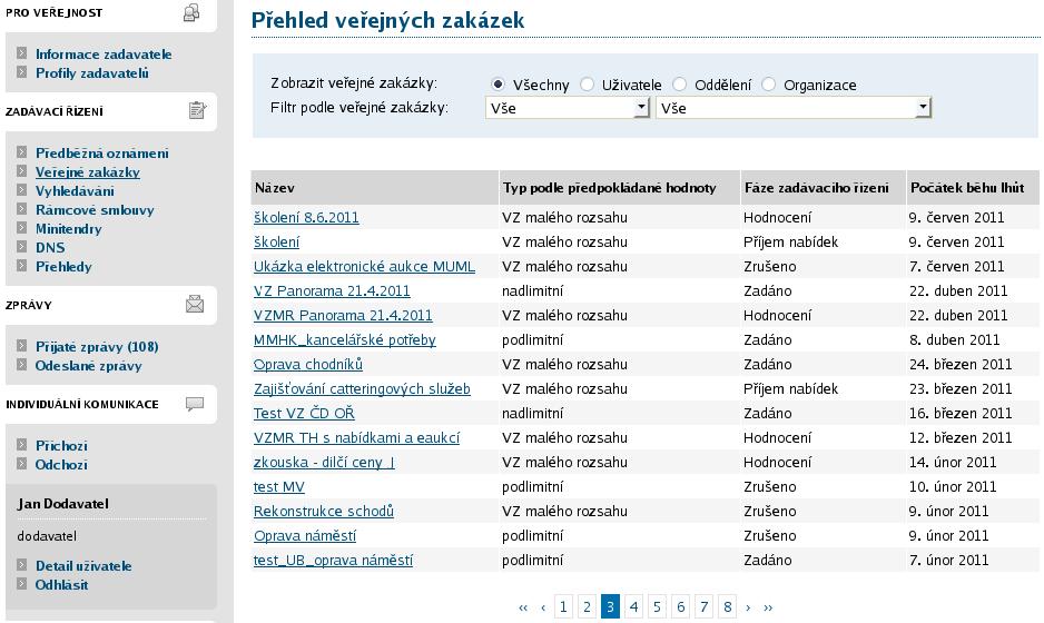 Obrázek 21: Základní obrazovka po přihlášení dodavatele Podtržený text jak v menu tak v hlavní části stránky představuje odkazy, na které lze kliknout.