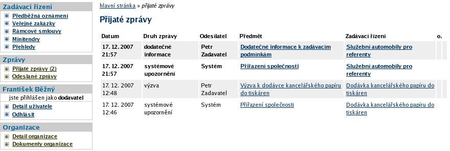 Obrázek 33: Přehled přijatých zpráv uživatele U položky Přijaté zprávy je v závorce zobrazován počet nepřečtených přijatých zpráv na obrázku jsou to konkrétně (2) a v přehledu zpráv jsou tyto